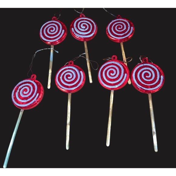 Lot Of 7 Red Glass Lollipop Ornaments 5" Hanging Holiday Decorations - Picture 3 of 6